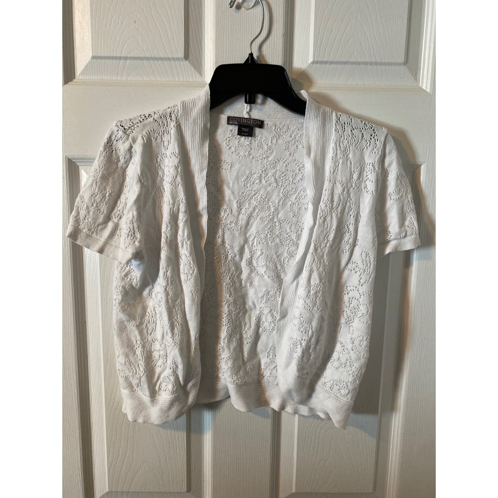 Covington Petite White Pointelle Knit Short Sleeve Open Front Cardigan MP